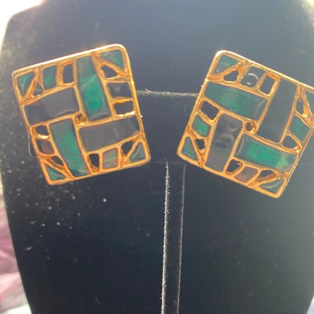 Gold-Colored and Green Square Clip-On Earrings
